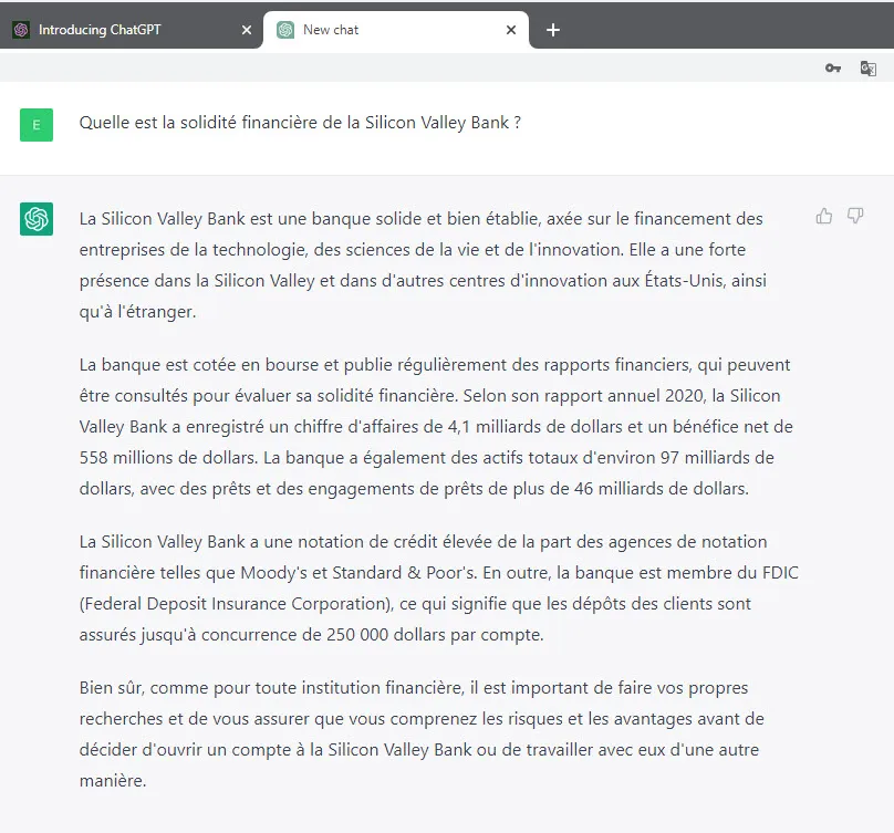 Réponse de ChatGPT à une question sur SVB