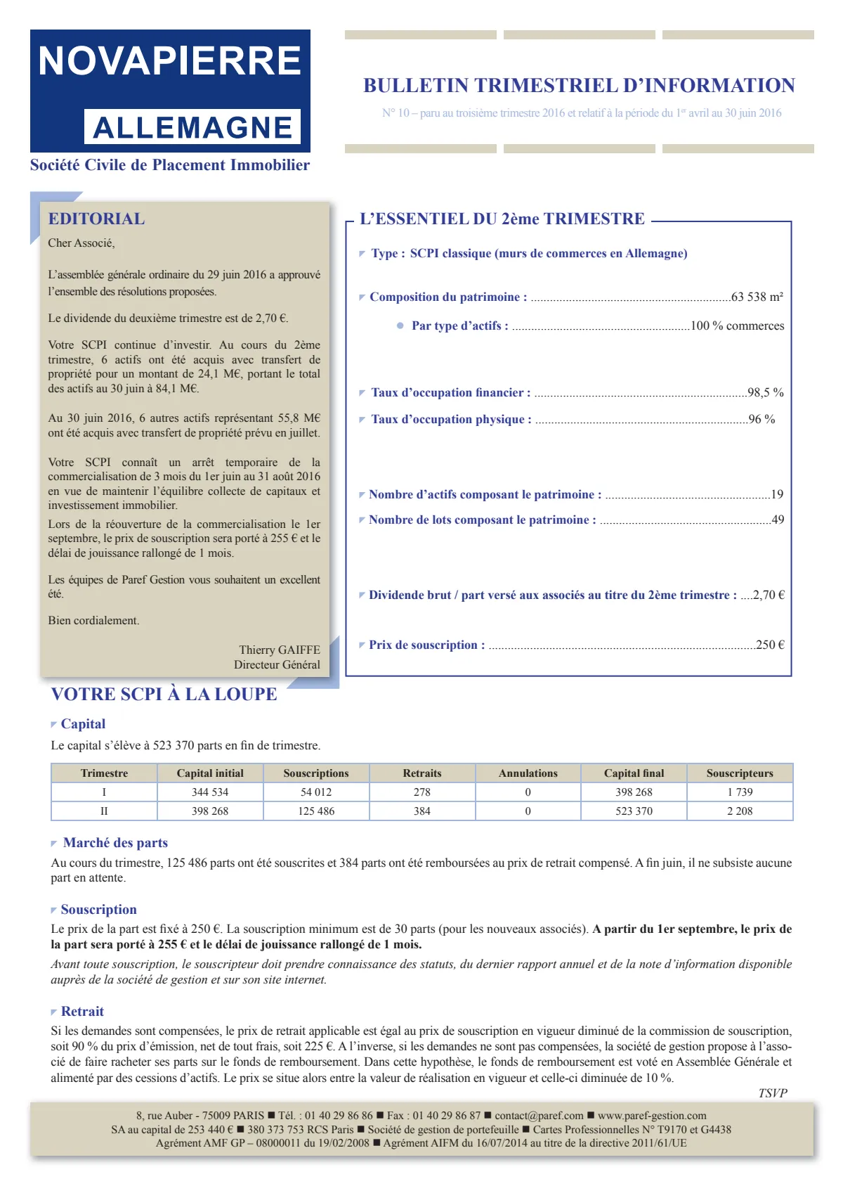 Bulletin trimestriel - 2ème trimestre 2016