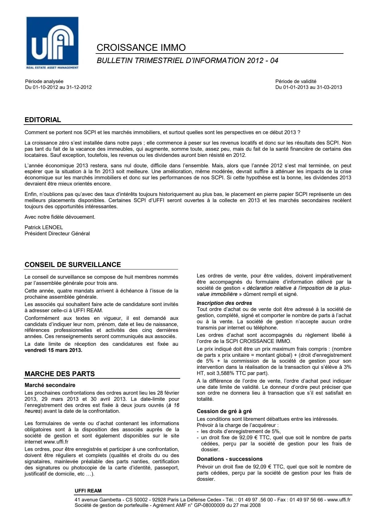 Bulletin trimestriel - 4ème trimestre 2012