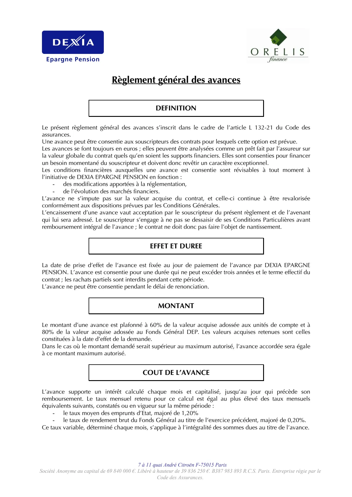 Règlement complet général des avances Dexia