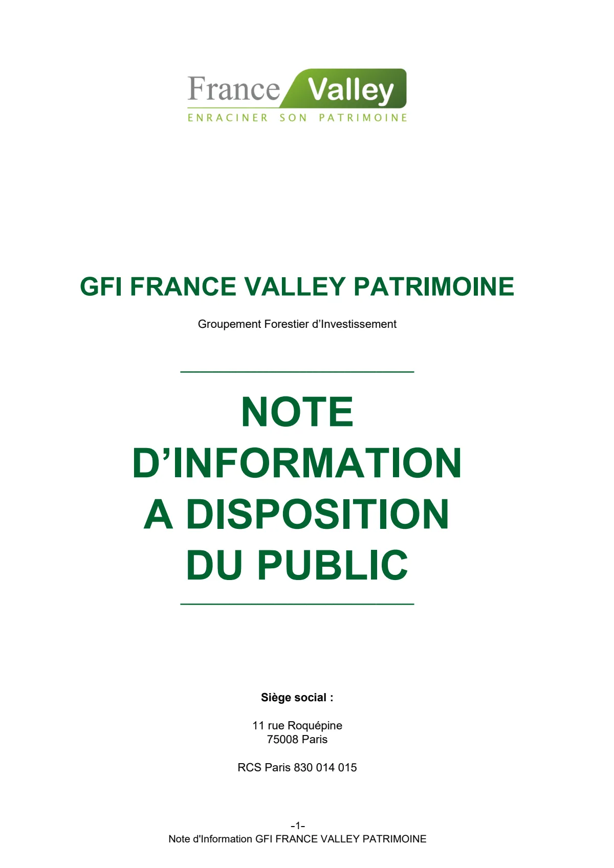 GFI France Valley Patrimoine - Note d'information, Statuts et DIC