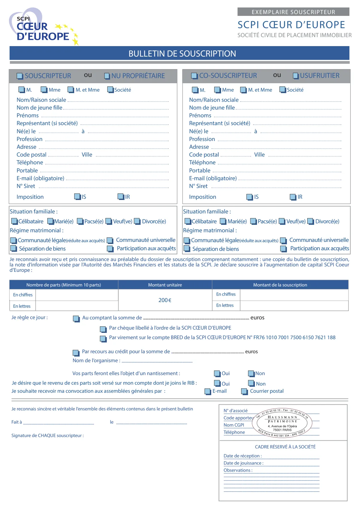 Bulletin de souscription (BS) vierge