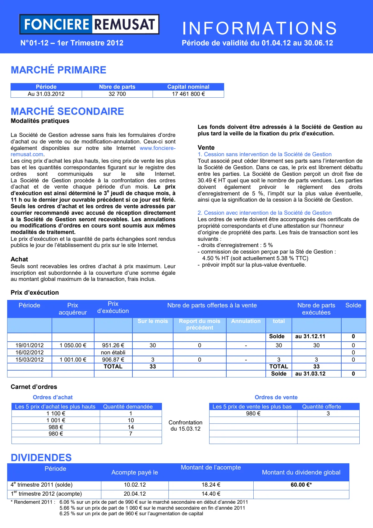 Bulletin trimestriel - 1er trimestre 2012