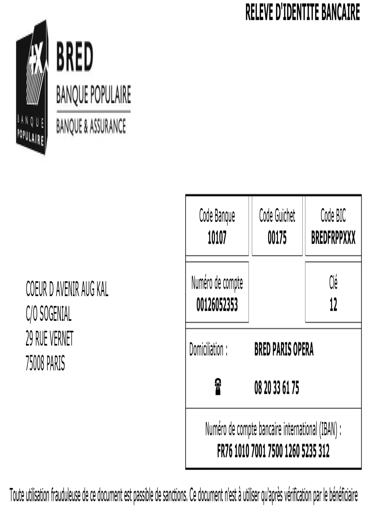 Relevé d'Identité Bancaire (RIB)