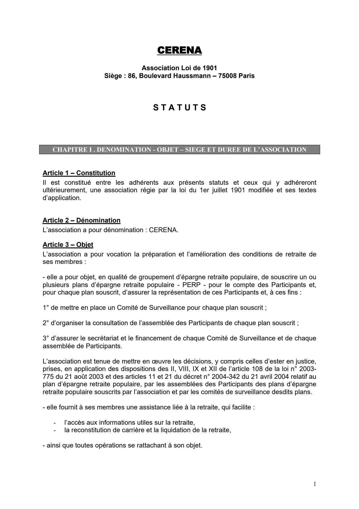 Statuts de l'association CERENA