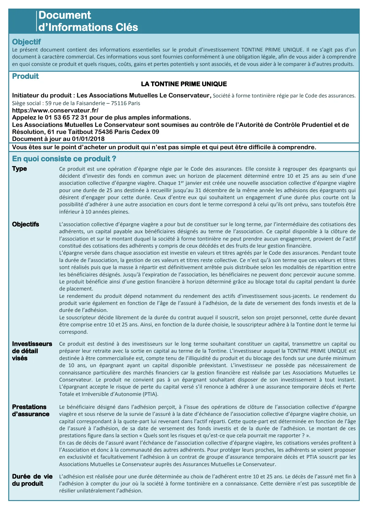 Informations clés (DICI) - Tontine Prime Unique