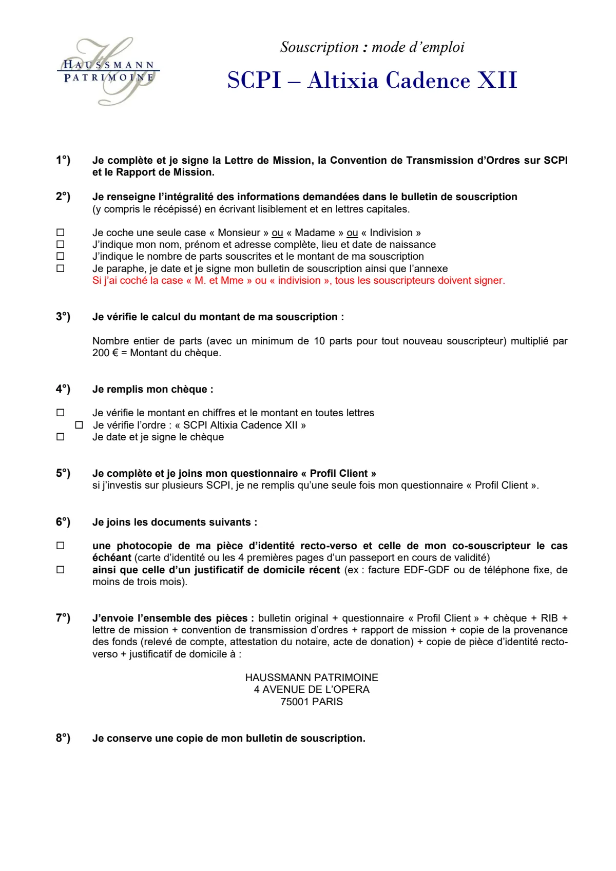 Bulletin de souscription (BS) remplissable