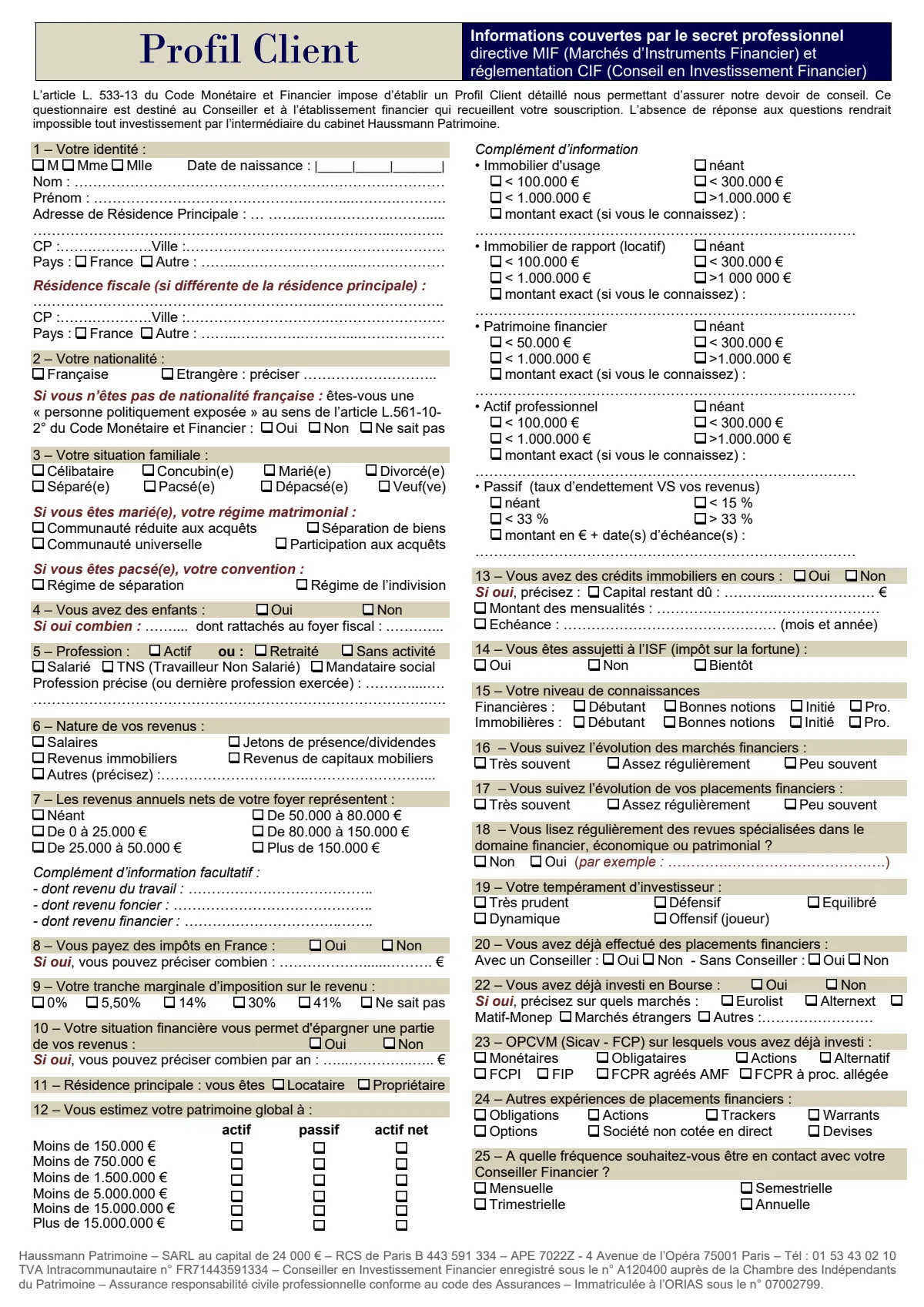 Questionnaire profil Client HP