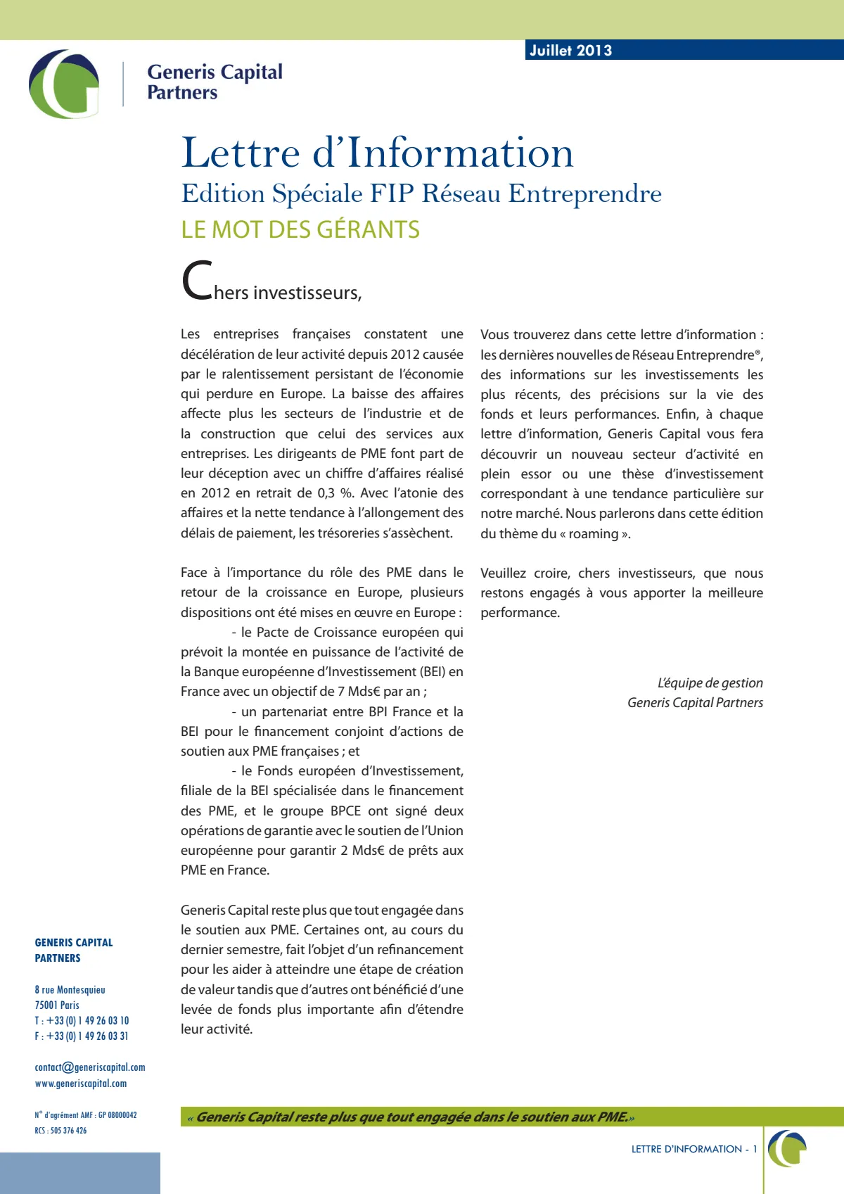 Lettre FIP Réseau Entreprendre - n°2