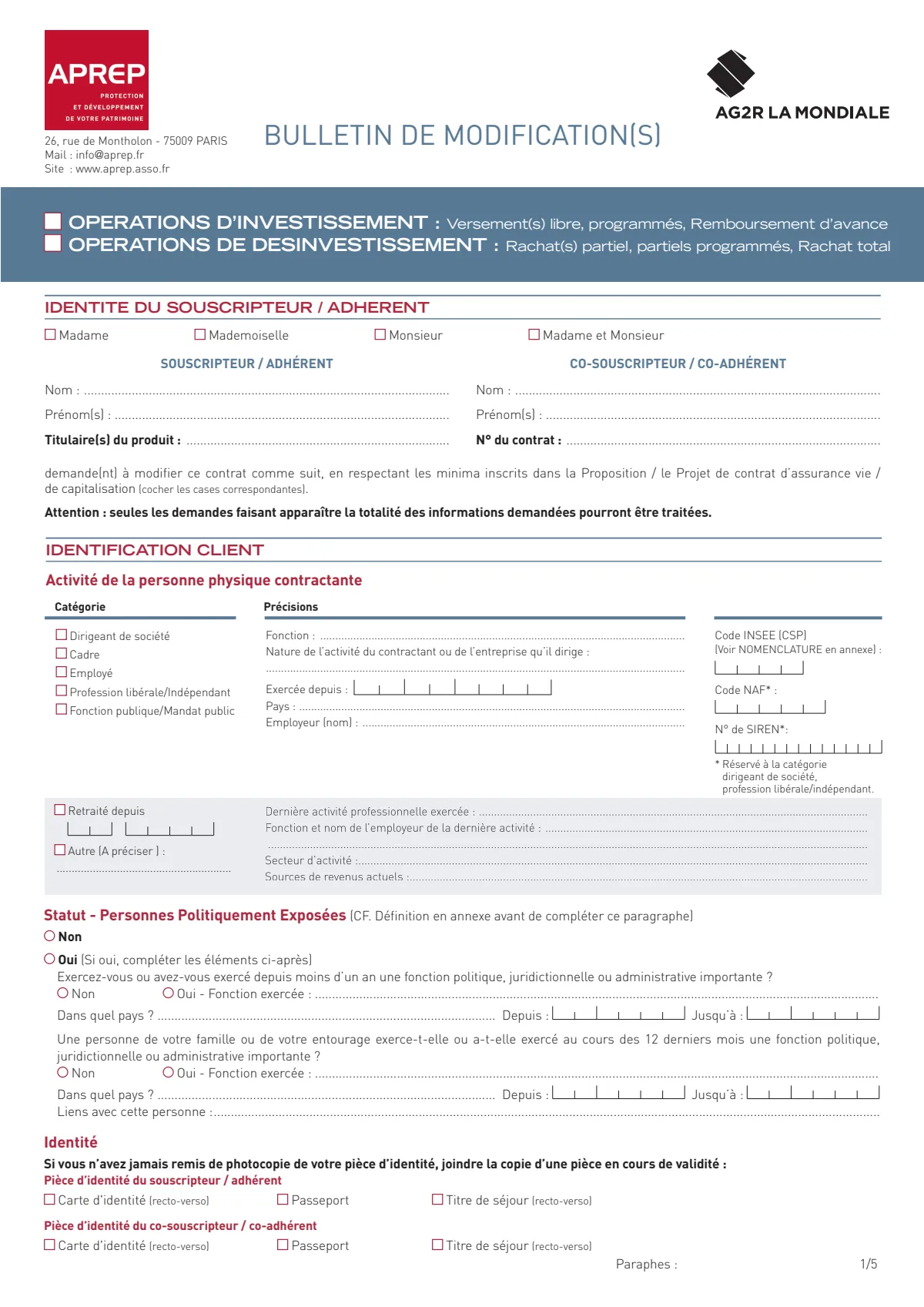 Bulletin de modification Investissement désinvestissement