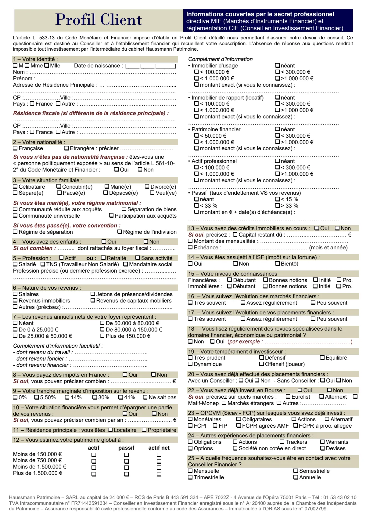 Questionnaire profil Client