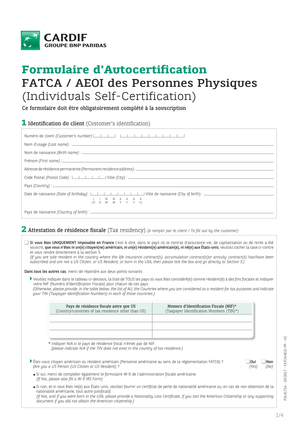 Fornulaire d'autocertification (FATCA)