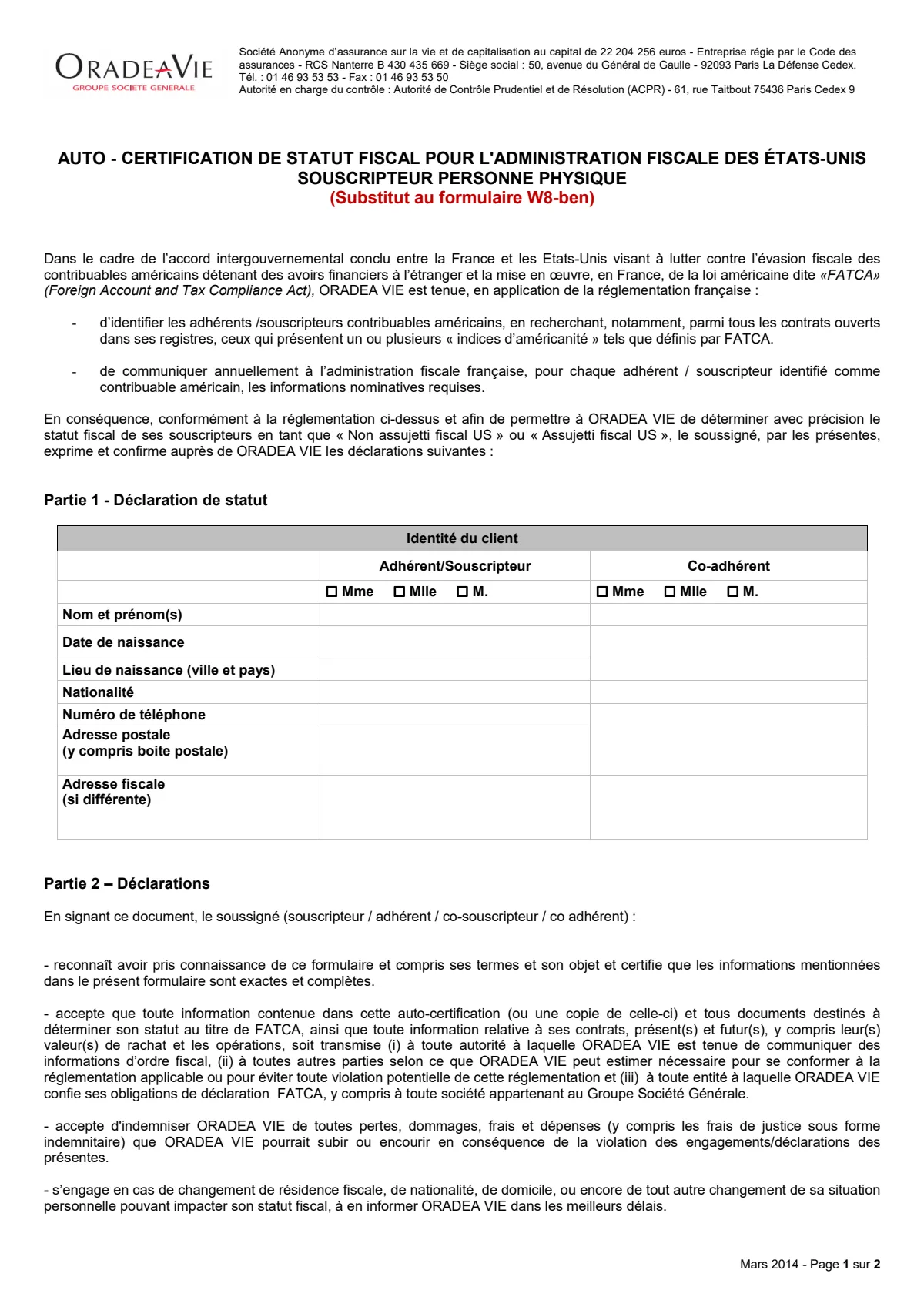 FATCA substitut au formulaire W8Ben