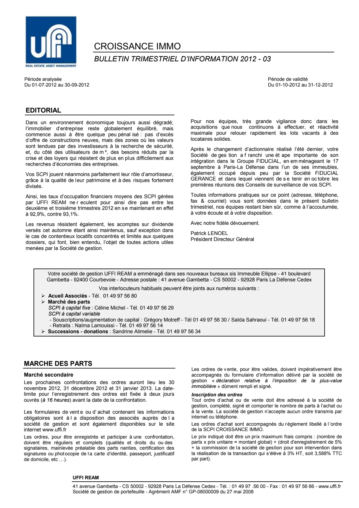 Bulletin trimestriel - 3ème trimestre 2012